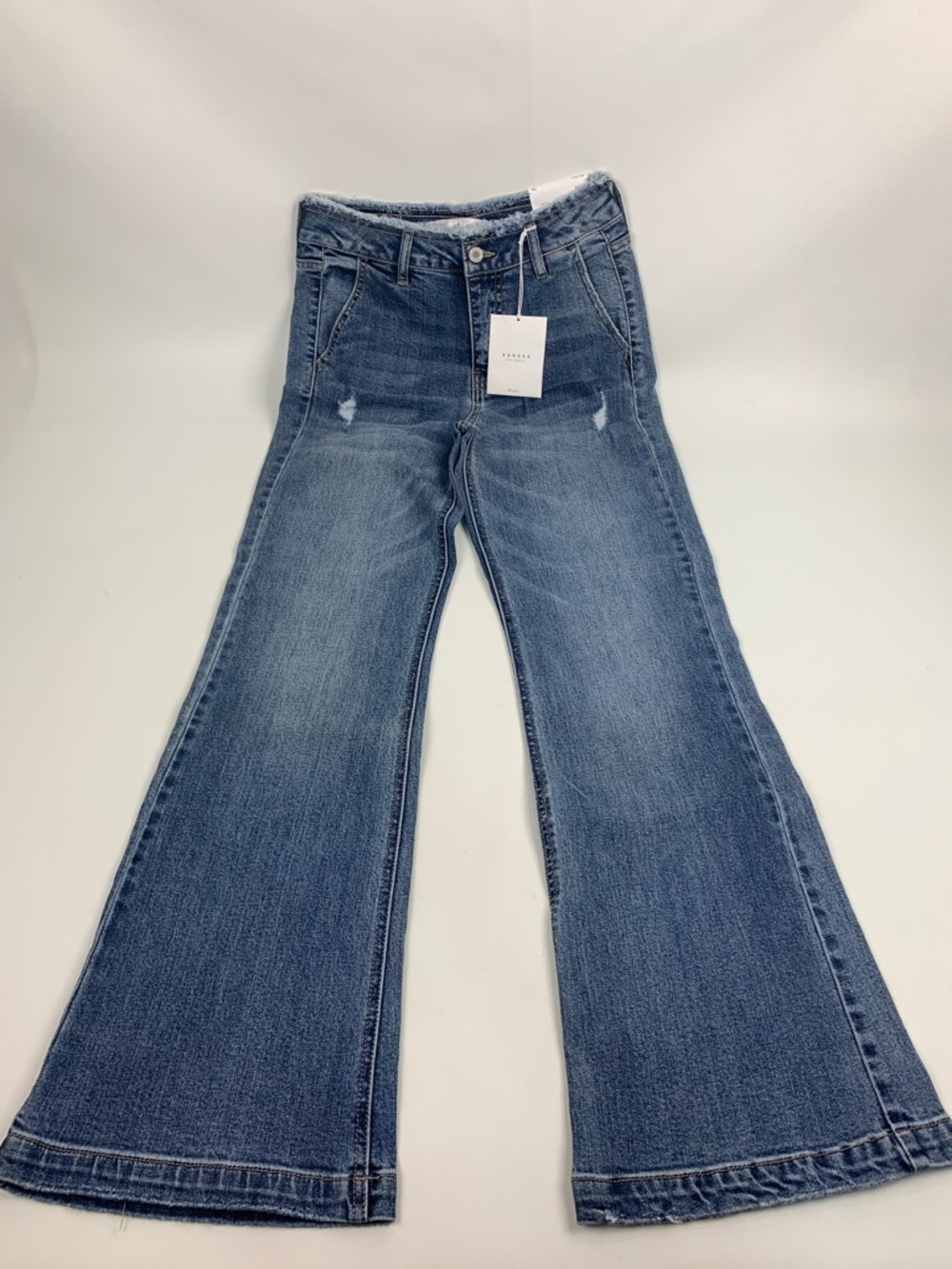 KanCan High-Rise Flared Jeans in Medium Blue Wash Size 1/24 Distressed New NWT
